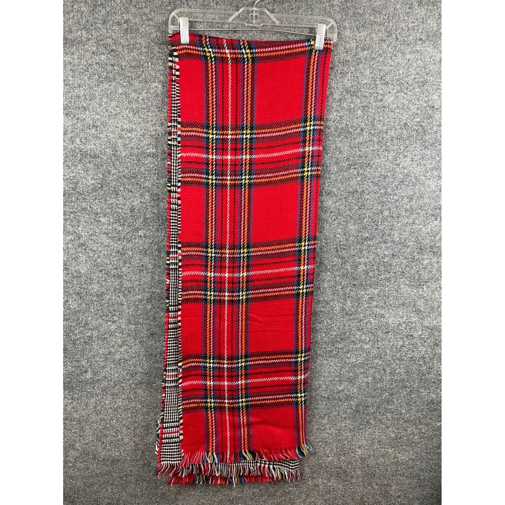 Charleston Bags Scarf Women OS Red 70X24 Plaid Houndstooth Reversible Fringe